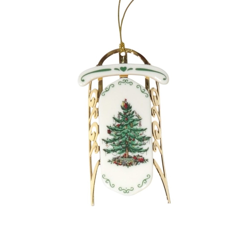 Spode Christmas Tree Sled Ornament Gold Tone Metal Porcelain Plaque England